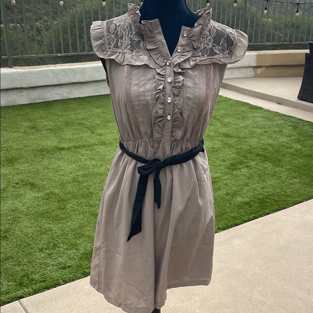 Elegant Lace Trimmed Dress in Taupe